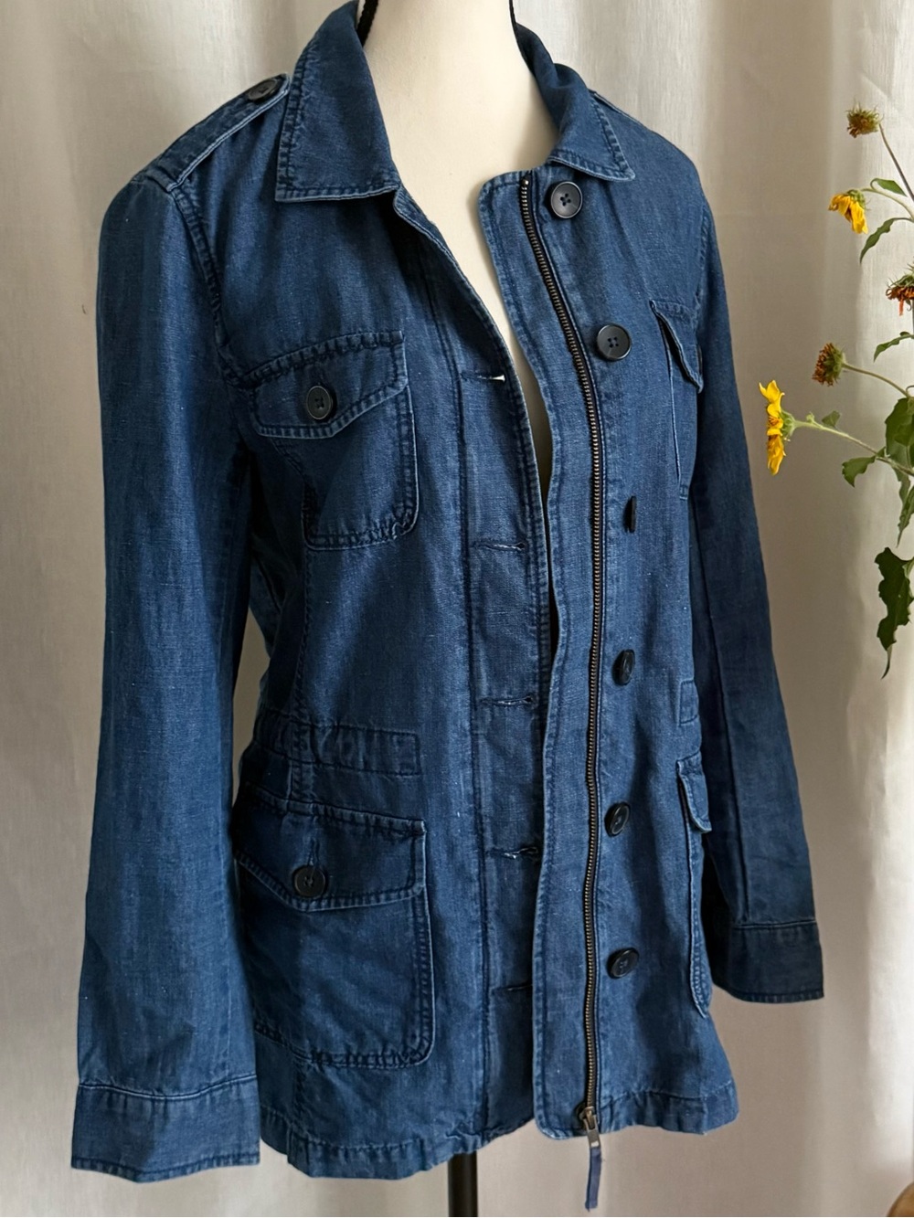 Talbots Cotton Hemp Denim Utility Field Jacket M Indigo Safari Drawstring Waist